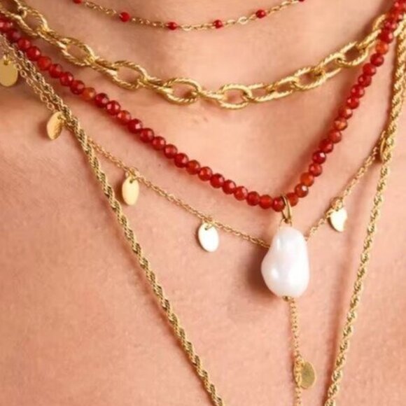Jewelry - Red Beaded Necklace w/Large Pearl Necklace Waterproof Summer Beach Jewelry